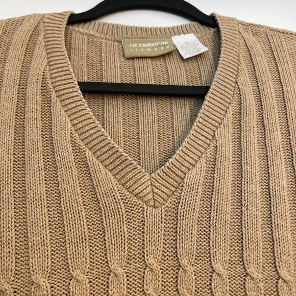 Liz Claiborne Cable Knit Short Sleeve Cotton Sweater, V-Neck, Beige - Picture 12 of 16